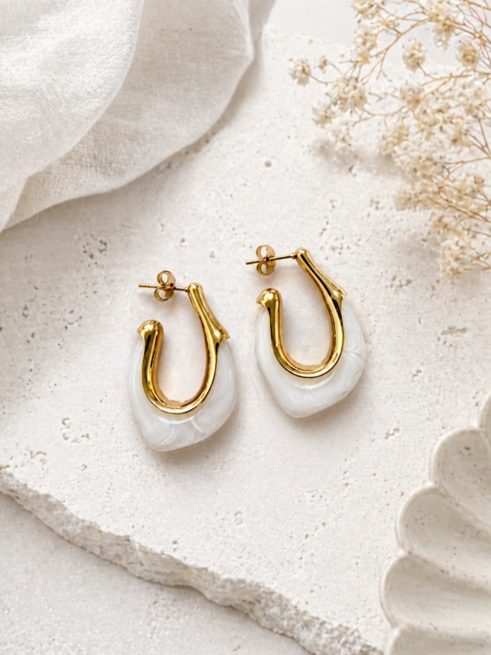 White Resin Hoop Earrings, Gold Plated Stainless Steel, Chunky Marble Huggies